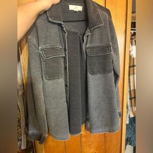 Gray Ribbed Button-Up Shirt Jacket